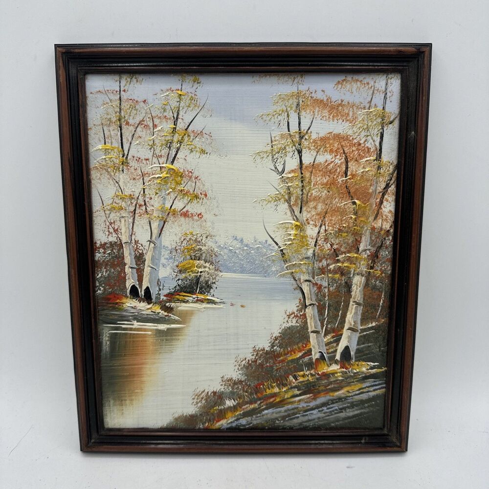 Small Original Oil Painting Nature Birch Trees Stream Woods Forest Framed